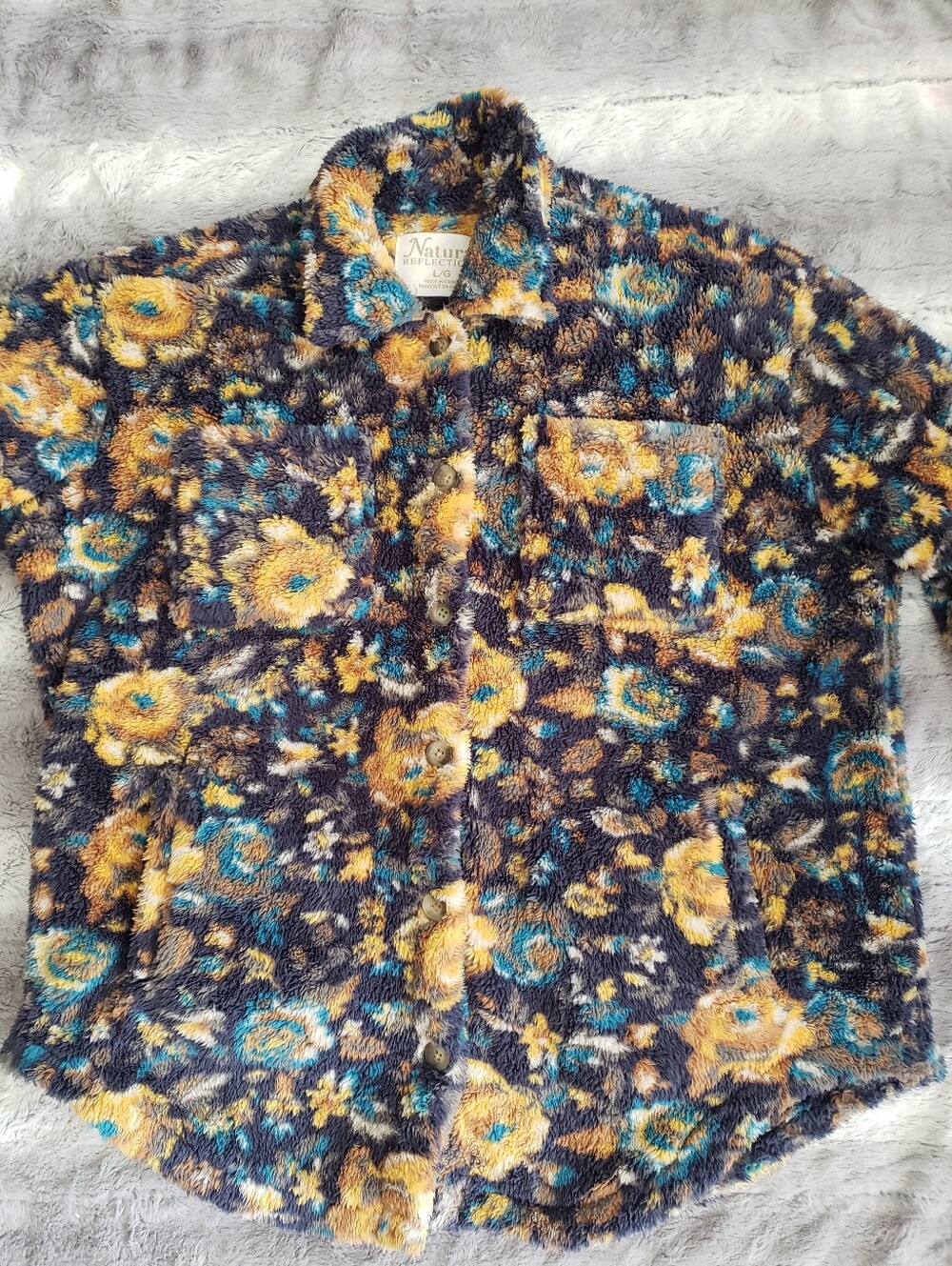 Natural Reflections Fuzzy Floral Button Up Jacket in Yellow Teal Black Lg